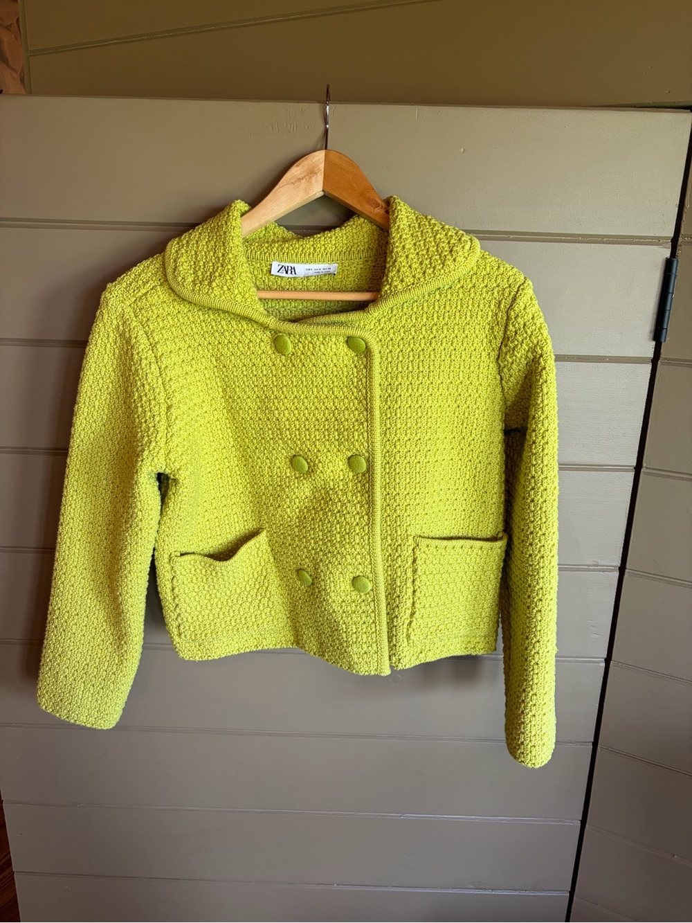 Zara Chartreuse Textured Double-Breasted Jacket